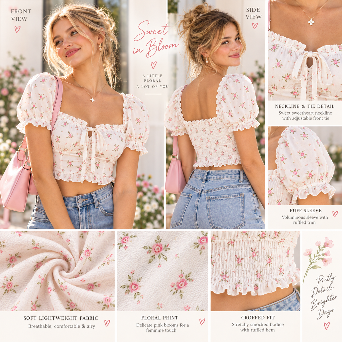 Zyrenvo™ Floral Puff Sleeve Smocked Crop Top