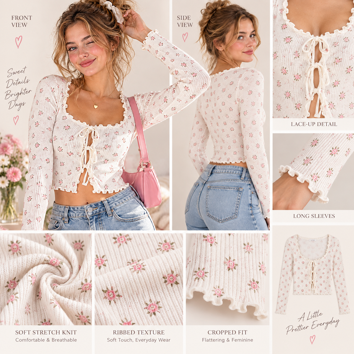 Zyrenvo™ Cream Floral Lace-Up Knit Top