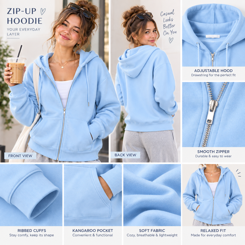 Zyrenvo™ Sky Blue Zip-Up Hoodie