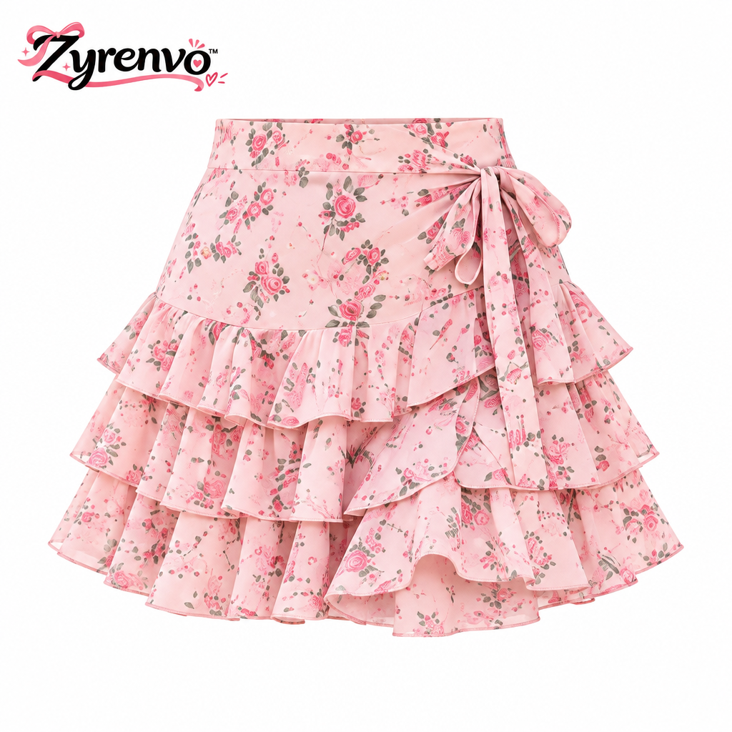 Zyrenvo™ Pink Floral Ruffle Mini Skirt
