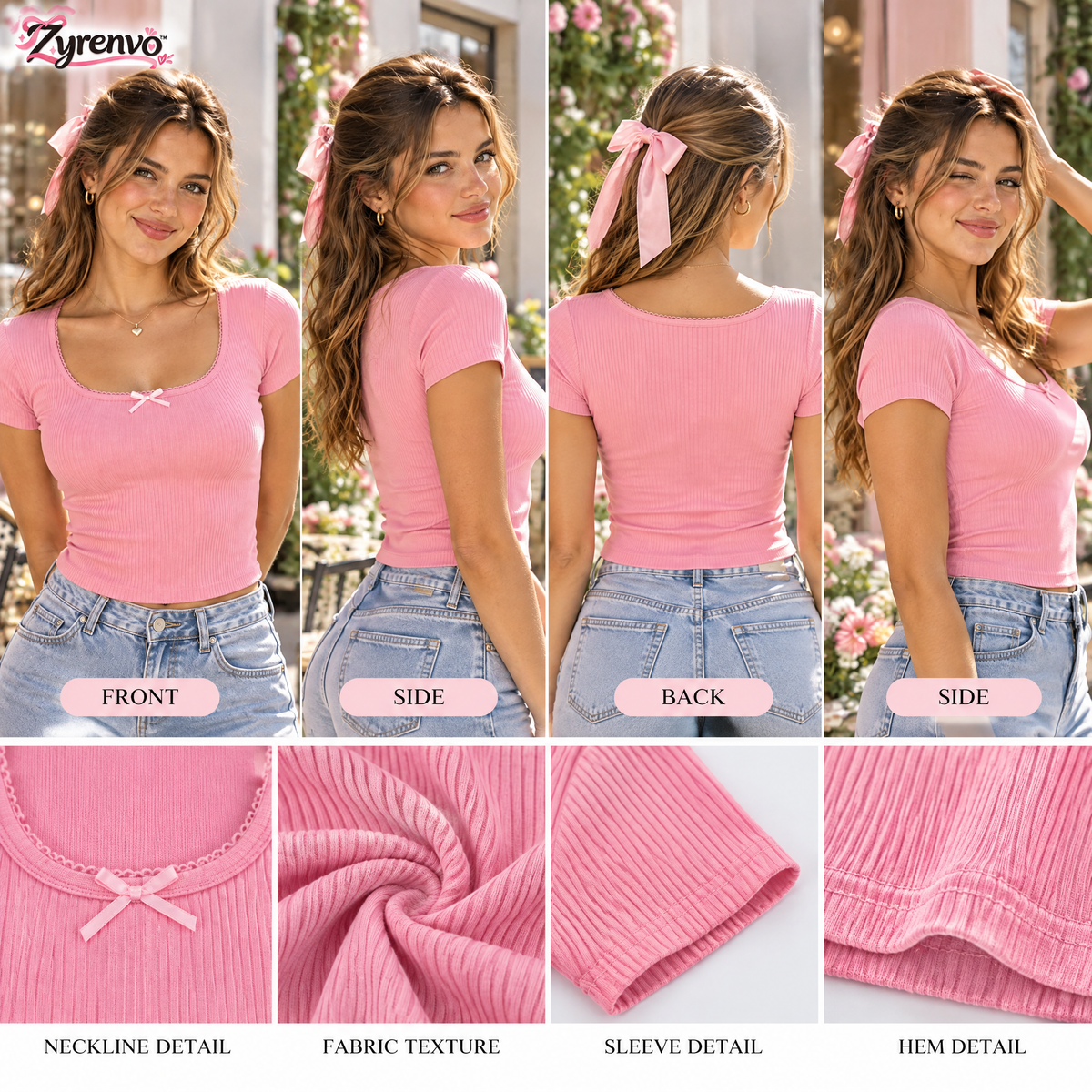 Zyrenvo™ Rosy Ribbed Scoop Neck Tee