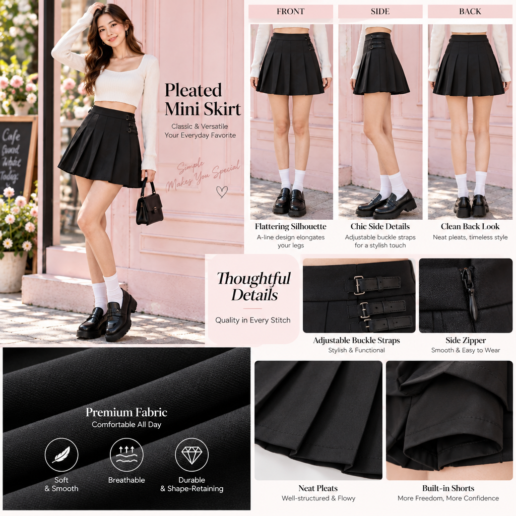 Zyrenvo™ Black Pleated Mini Skirt