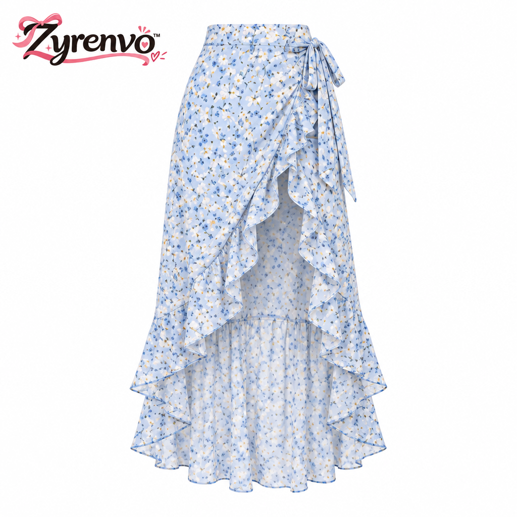 Zyrenvo™ Light Wash Ruffle Hem Denim Mini Skirt